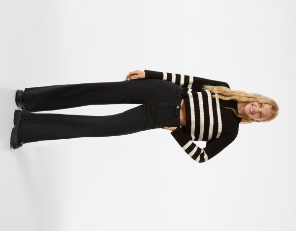 Bershka Crew Neck Geribbeld Gestreept Trui Gebreide Kleding Dames Zwart | pr1LWBivJ0s