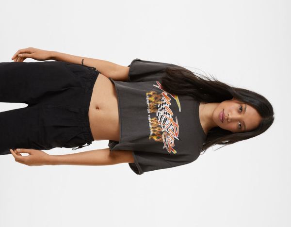 Bershka Kort Sleeve With Print T-shirts Dames Zwart | TRe3VoH6AVt