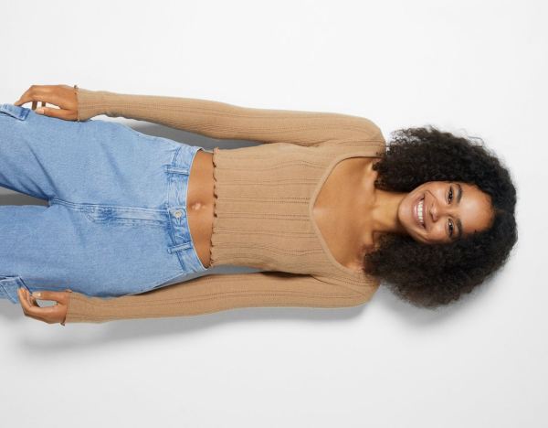 Bershka Long Sleeve Curly Cropped T-shirts Dames Bruin | 1VNZQVqKDQx