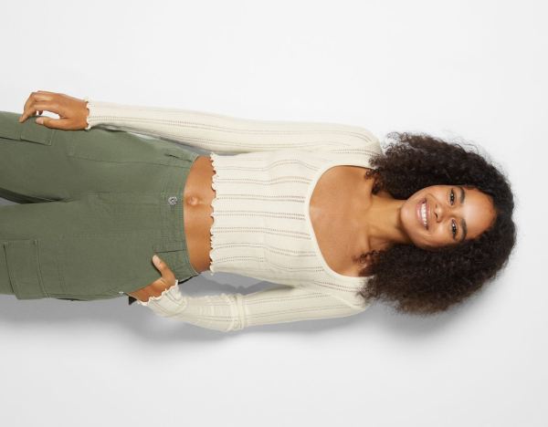 Bershka Long Sleeve Curly Cropped T-shirts Dames Beige | gGYXBTloXe1