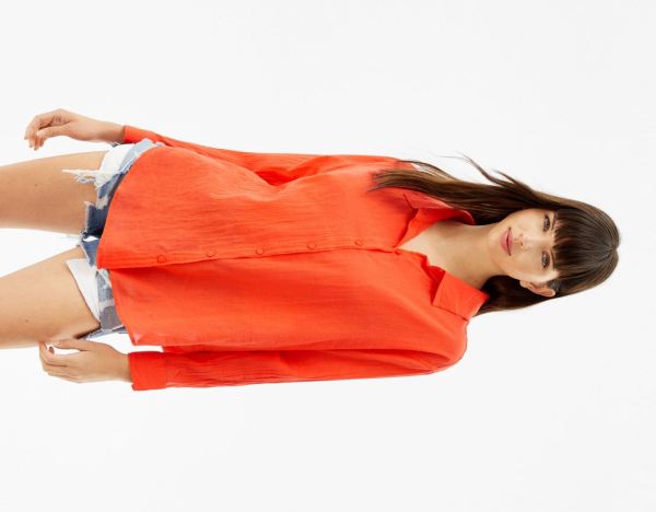 Bershka Oversize Long Sleeve Rustic-effect Overhemd Dames Rood | OJjQ2QuvqC5
