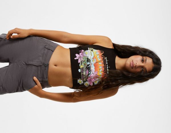 Bershka Printed Tank Top With Open Back T-shirts Dames Zwart | cMuTqV8kWjn