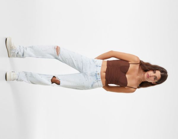 Bershka Rechtdoor-fit With Rips And Rhinestones Jeans Dames Lichtblauw | tzAUtNneGwC