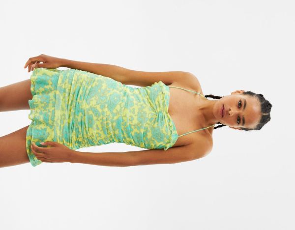 Bershka Ruffled Tulle Halter Neck Mini Jurken Dames Geel | zZy9ZI9uyHG