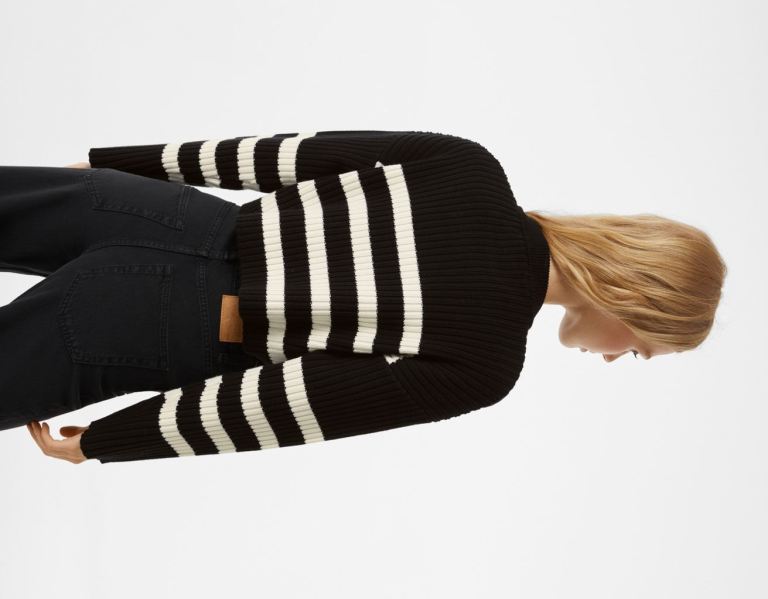 Bershka Crew Neck Geribbeld Gestreept Trui Gebreide Kleding Dames Zwart | pr1LWBivJ0s