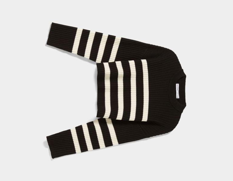 Bershka Crew Neck Geribbeld Gestreept Trui Gebreide Kleding Dames Zwart | pr1LWBivJ0s