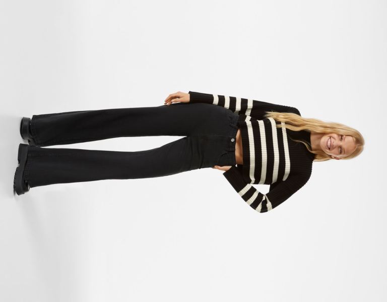 Bershka Crew Neck Geribbeld Gestreept Trui Gebreide Kleding Dames Zwart | pr1LWBivJ0s