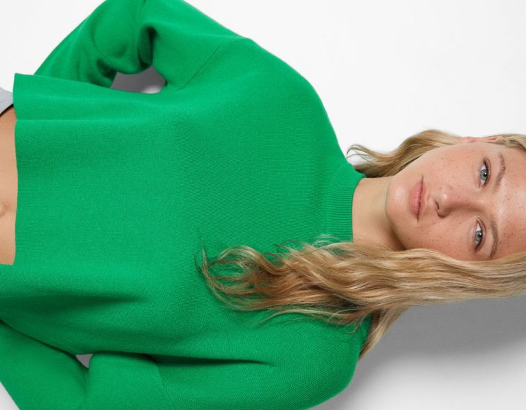 Bershka Crew Neck Knit Trui Truien Dames Groen | h3pQX0rjD6b