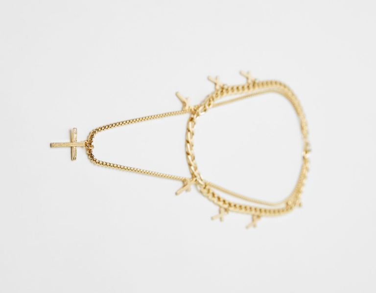 Bershka Double Cross Necklace Sieraden Heren Goud | CPmxDFk0km3
