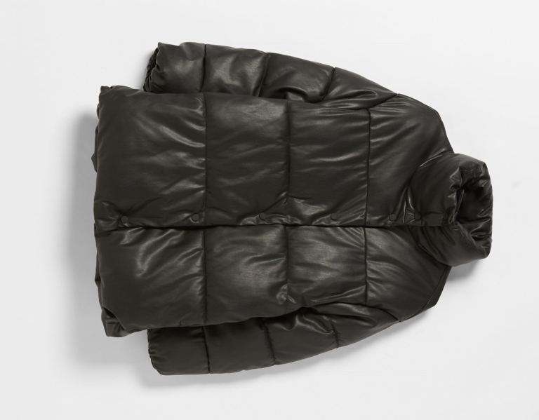 Bershka Faux Leren Puffer Coat Bovenkleding Dames Zwart | YYg8C1gsURc