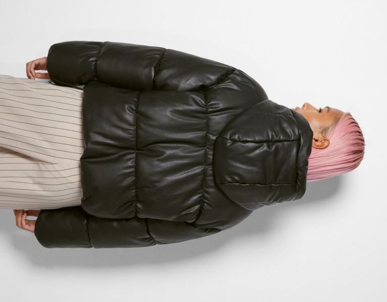 Bershka Faux Leren Puffer With Hood Jassen Dames Zwart | JV621XRplTX