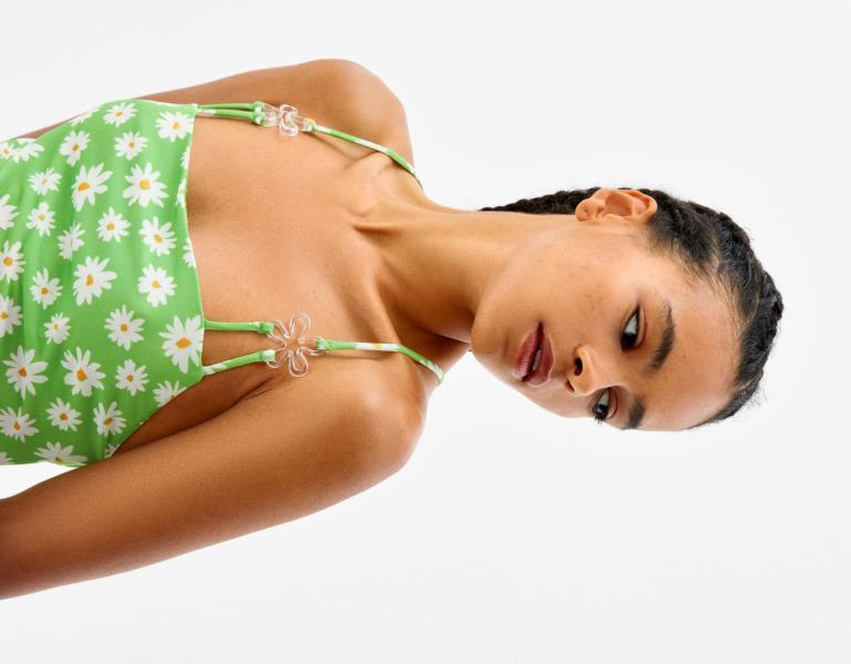 Bershka Floral Print Mini With Embellished Trim Jurken Dames Groen | ZFxamAk9wFQ