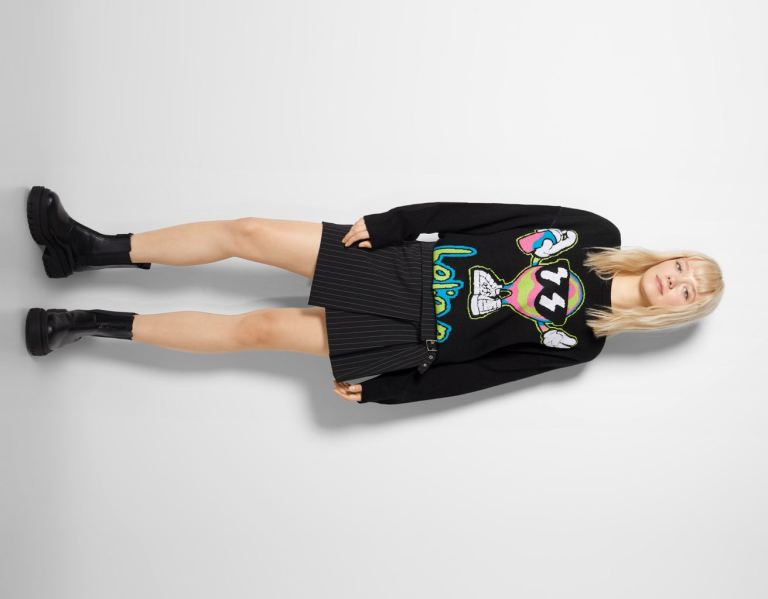 Bershka Funny Print Trui Truien Dames Zwart | HWhGJwpxmaG