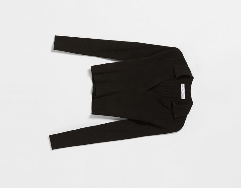 Bershka Geribbeld Jersey Top With Polo Collar Cardigan Dames Zwart | jAwqfsb4qTK