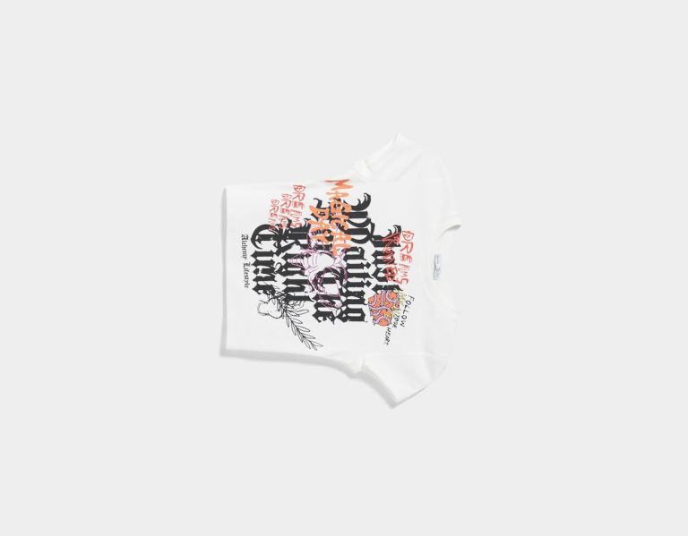 Bershka Geribbeld Kort Sleeve With Print T-shirts Dames Wit | 2KCtrGKRg5e