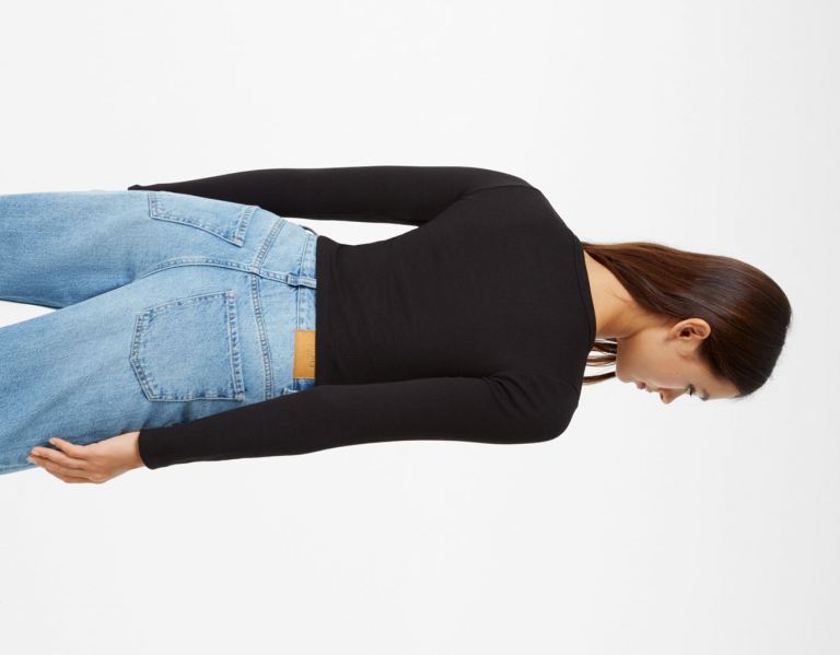 Bershka Geribbeld Long Sleeve T-shirts Dames Zwart | dPduLgdnnL3