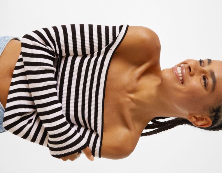 Bershka Geribbeld Trui With Bardot Neckline T-shirts Dames Room | zb4owtuFxbR