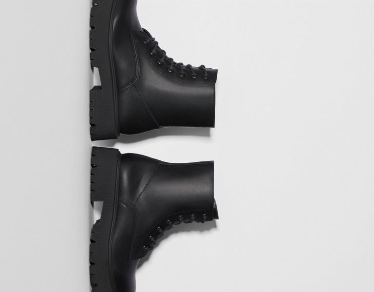Bershka Kanten-up Platte Enkellaars Dames Zwart | dPY1j0E2WoS