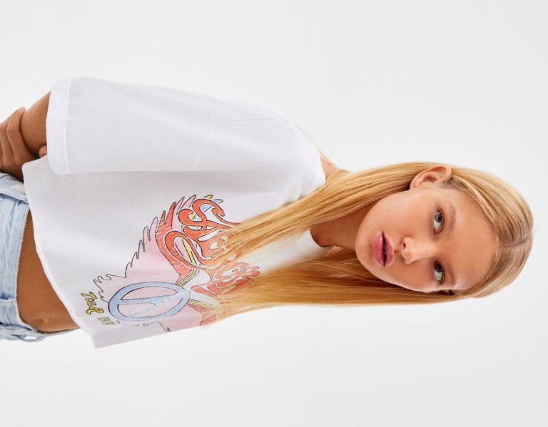 Bershka Kort Sleeve Aerosmith Wings Print T-shirts Dames Wit | FH1hrheXoxN