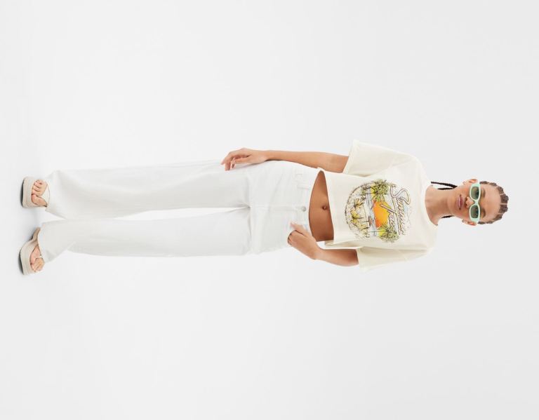 Bershka Kort Sleeve Cropped With Print T-shirts Dames Wit | 2hMAMyUDcnh