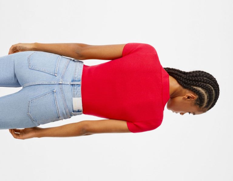 Bershka Kort Sleeve Polo Collar Cardigan Dames Rood | h3uXYfwJhPQ