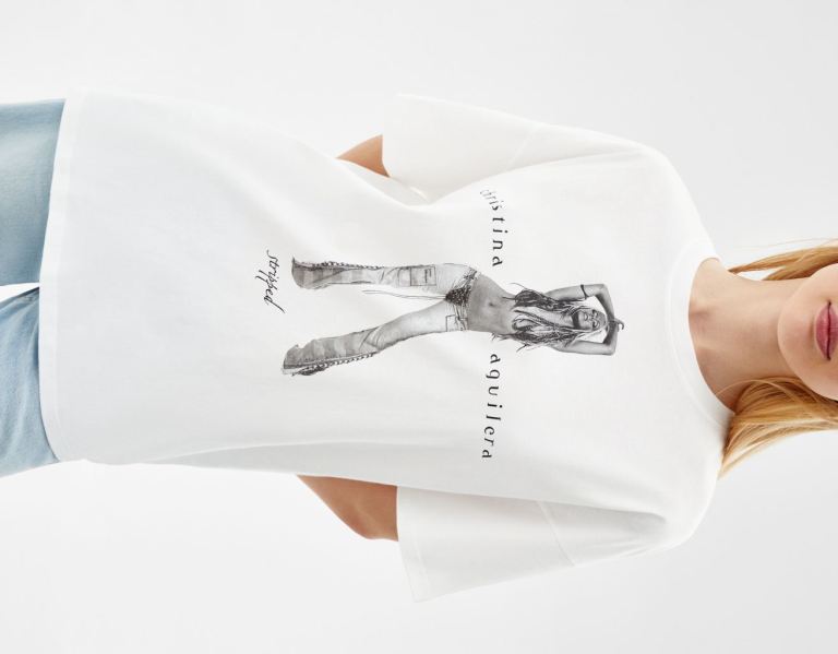 Bershka Kort Sleeve With Cristina Aguilera Print T-shirts Dames Wit | wFKqaIPB7XU