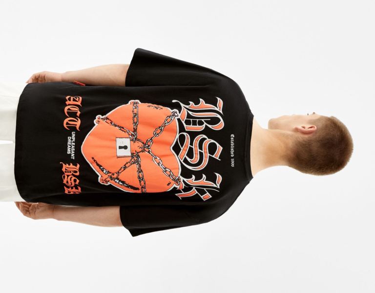 Bershka Kort Sleeve With Print T-shirts Heren Zwart | DzDX4yTqJgy