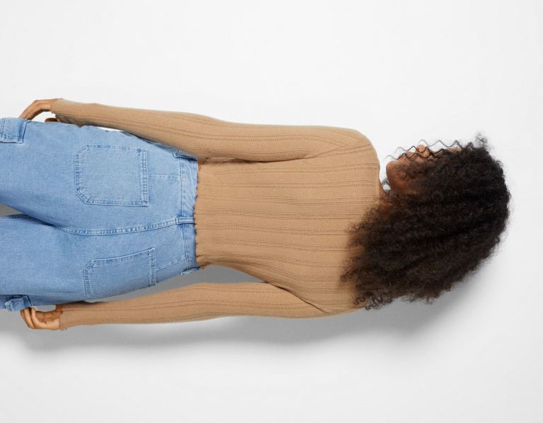 Bershka Long Sleeve Curly Cropped T-shirts Dames Bruin | 1VNZQVqKDQx