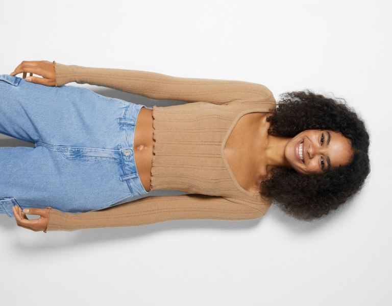 Bershka Long Sleeve Curly Cropped T-shirts Dames Bruin | 1VNZQVqKDQx
