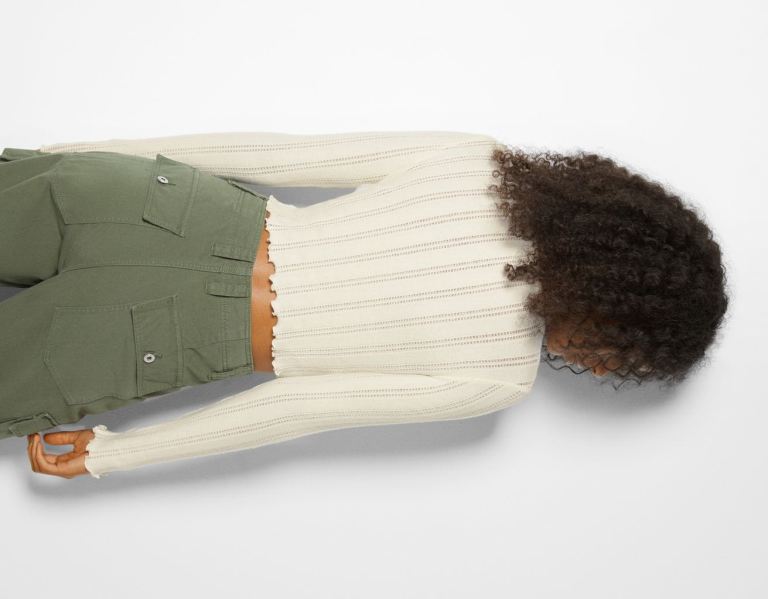 Bershka Long Sleeve Curly Cropped T-shirts Dames Beige | gGYXBTloXe1