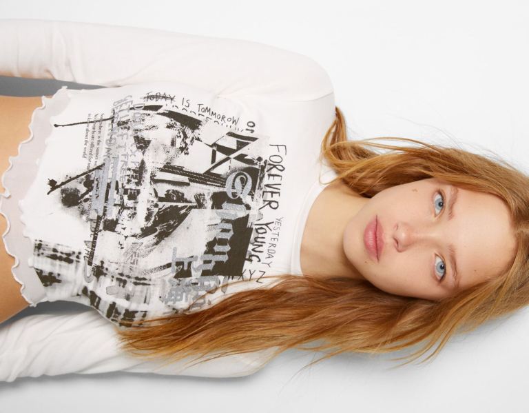 Bershka Long Sleeve Printed Tulle T-shirts Dames Wit | IwqT3Ey1t0J