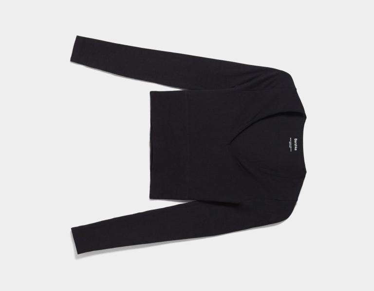 Bershka Long Sleeve V-neck Seamless Top T-shirts Dames Zwart | XF3xZu8fUoa