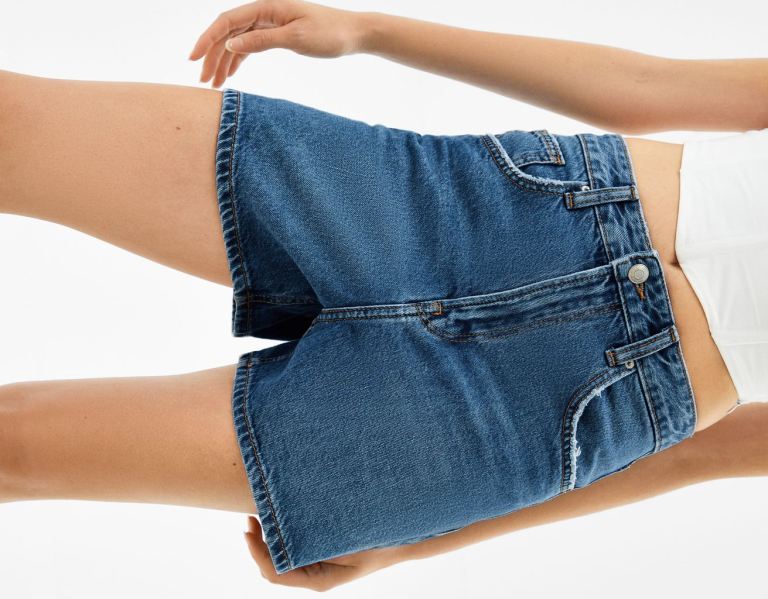 Bershka Mom Fit Denim Korte Broek Dames Blauw | p4LwXXenLrr