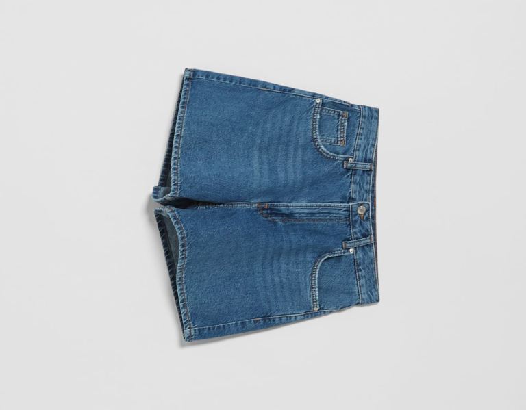 Bershka Mom Fit Denim Korte Broek Dames Blauw | p4LwXXenLrr