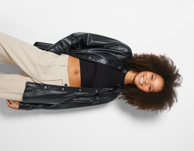 Bershka Oversize Long Sleeve Faux Leren Overhemd Dames Zwart | ZW3zzjZJwgW