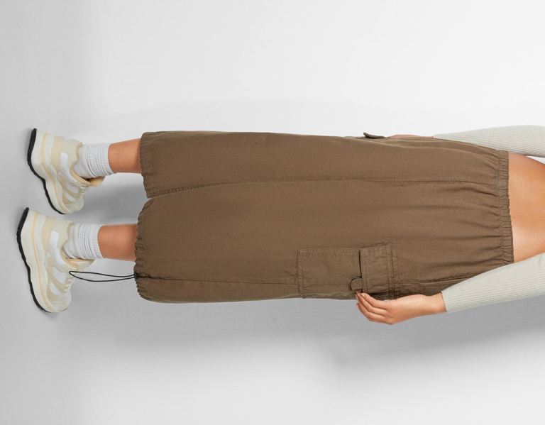 Bershka Parachute Cargo Denim Midi Rokken Dames Bruin | PukwUnPglix