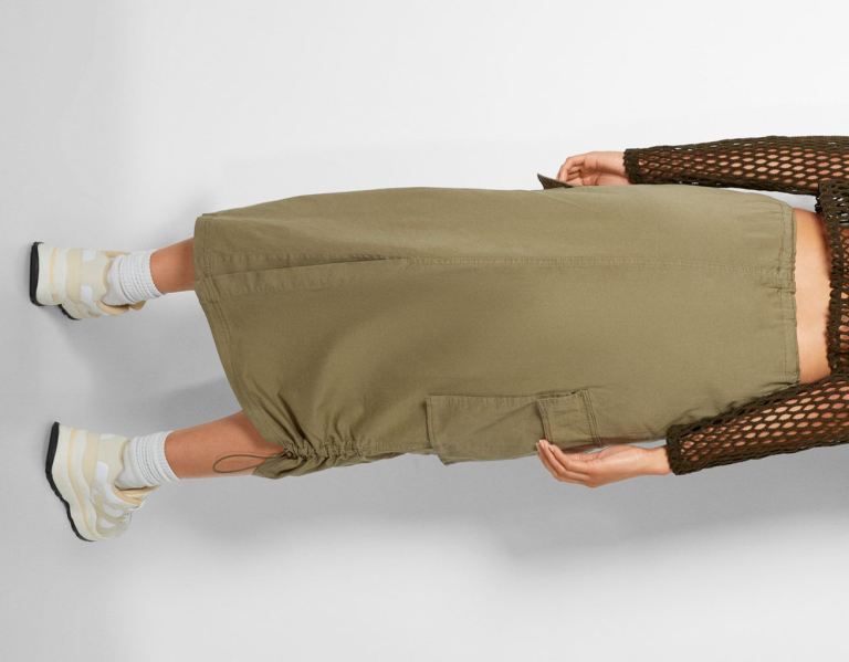 Bershka Parachute Cargo Midi Rokken Dames Khaki | vIHIGVmKYMO