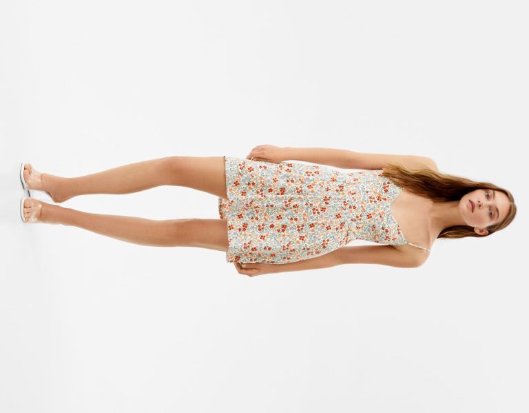 Bershka Printed Bandjes Mini Jurken Dames Wit | KuGqPQjYchk