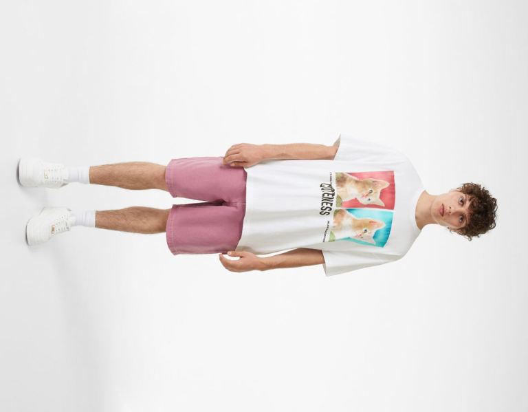 Bershka Printed Boxy-fit Kort Sleeve T-shirts Heren Wit | oQB6BapOzqm