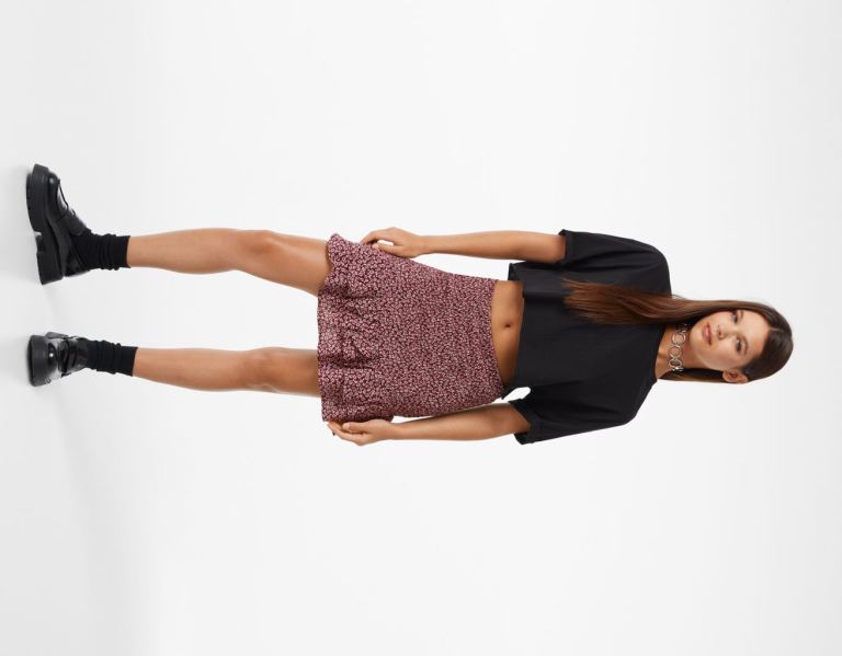 Bershka Printed Gathered Mini Rokken Dames Donkerrood | DHmRJEdJMAL