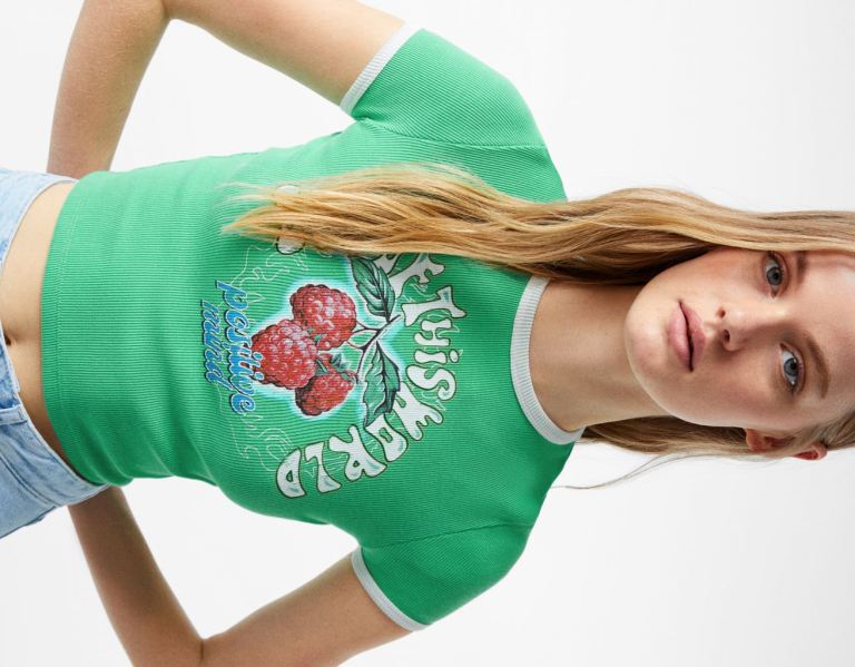 Bershka Printed Geribbeld Kort Sleeve T-shirts Dames Groen | I85QkveYJDn