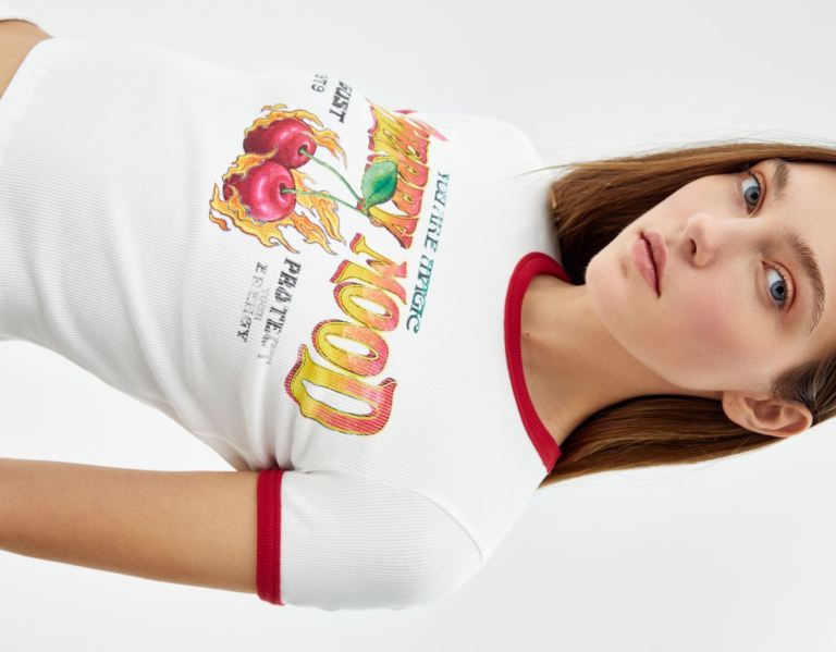 Bershka Printed Geribbeld Kort Sleeve T-shirts Dames Wit | JyLEcXgfzmm