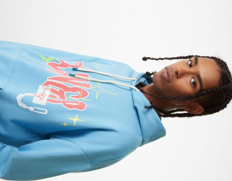 Bershka Printed Hoodie Heren Blauw | dT9uoTODmhA