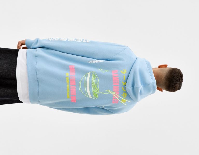 Bershka Printed Hoodie Heren Lichtblauw | dwbcinlThP0