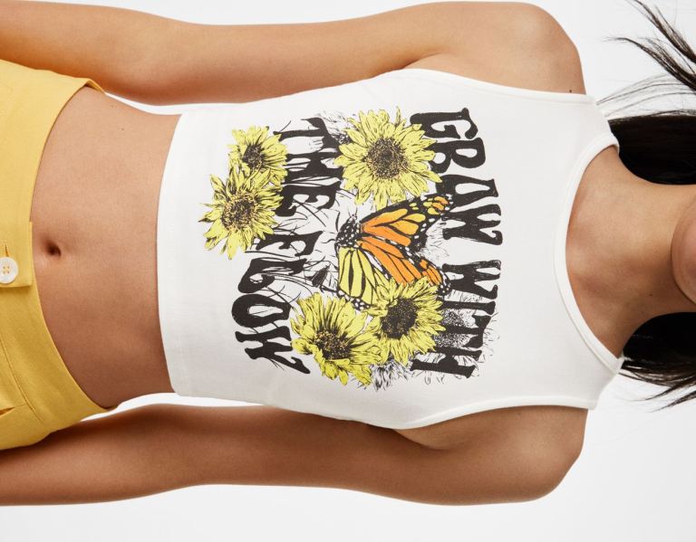 Bershka Printed Tank Top With Open Back T-shirts Dames Wit | VIixrqcptgP