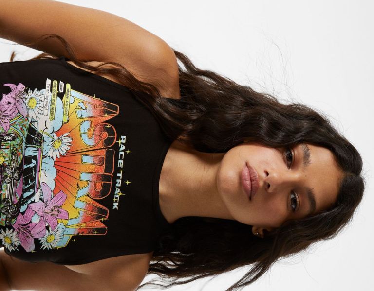 Bershka Printed Tank Top With Open Back T-shirts Dames Zwart | cMuTqV8kWjn