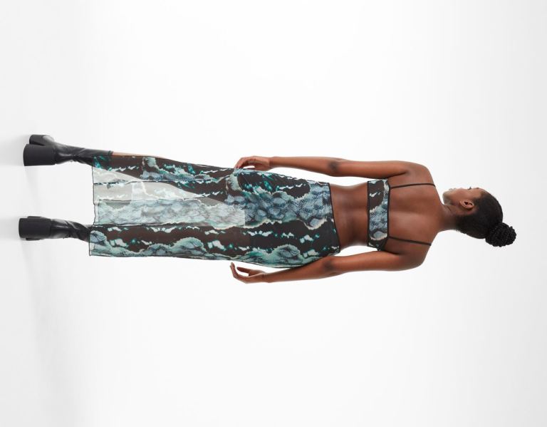 Bershka Printed Tulle Cut-out Bandjes Midi Jurken Dames Turquoise | 3bI3SqBw8pU