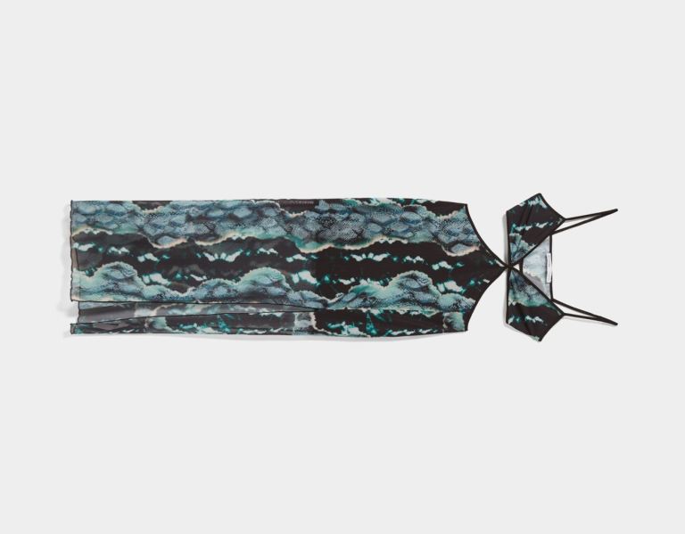 Bershka Printed Tulle Cut-out Bandjes Midi Jurken Dames Turquoise | 3bI3SqBw8pU