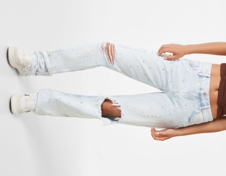 Bershka Rechtdoor-fit With Rips And Rhinestones Jeans Dames Lichtblauw | tzAUtNneGwC