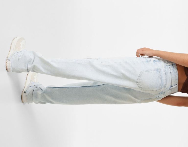 Bershka Rechtdoor-fit With Rips And Rhinestones Jeans Dames Lichtblauw | tzAUtNneGwC